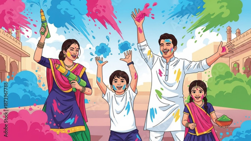 Family celebrating holi festival with colorful powder and water balloons outdoors in traditional indian clothing with family celebration and festival of colors