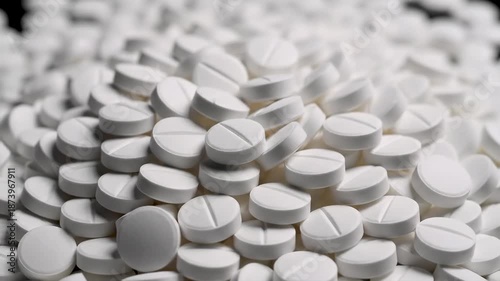 Pile of white round prescription pills with score line