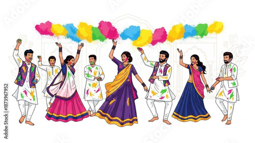 A vibrant illustration of people in traditional indian attire celebrating holi with colorful powders with Indian festival and traditional attire