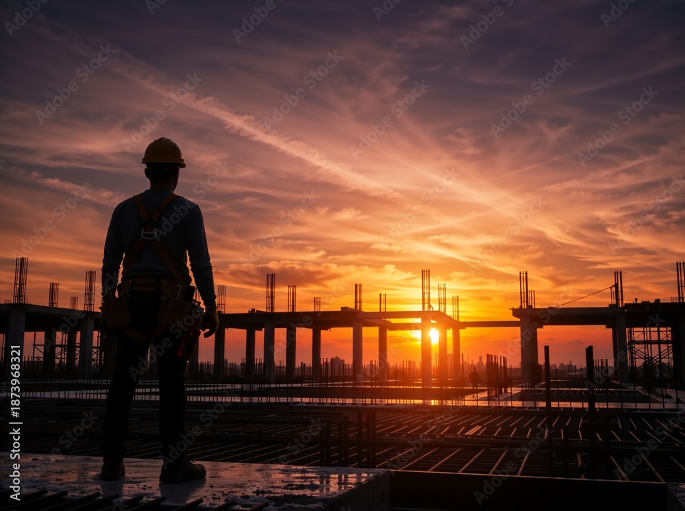 Fototapeta premium Silhouette of a construction worker on a building site at sunset. Engineer in a hard hat overseeing an industrial development project. Real estate and infrastructure growth concept