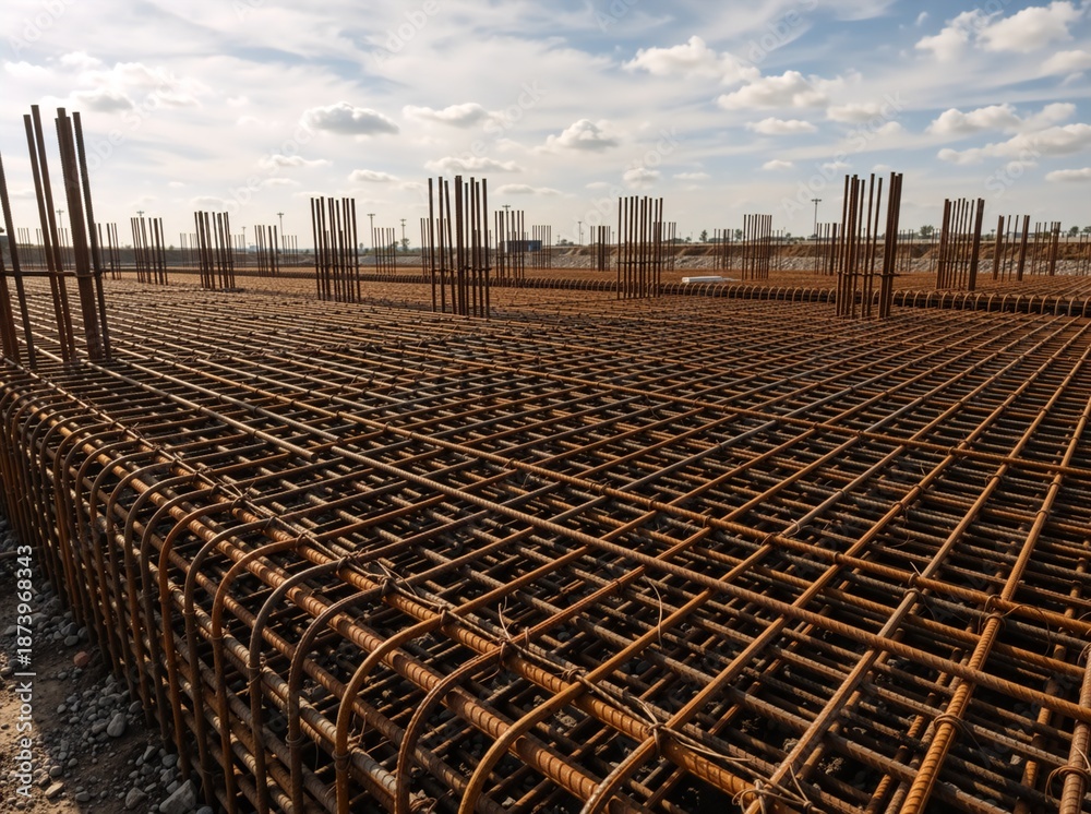 Fototapeta premium Construction site with a large rebar framework for a building foundation. Rusty steel grid structure before pouring concrete