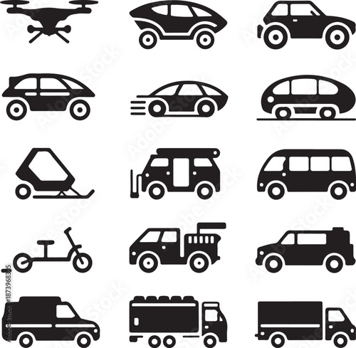 black silhouettes of various vehicles and a drone on white background