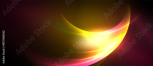Abstract design features flowing curves, vibrant colors. Yellow, orange, magenta blend into dark background. Smooth gradients create dynamic visual effect.