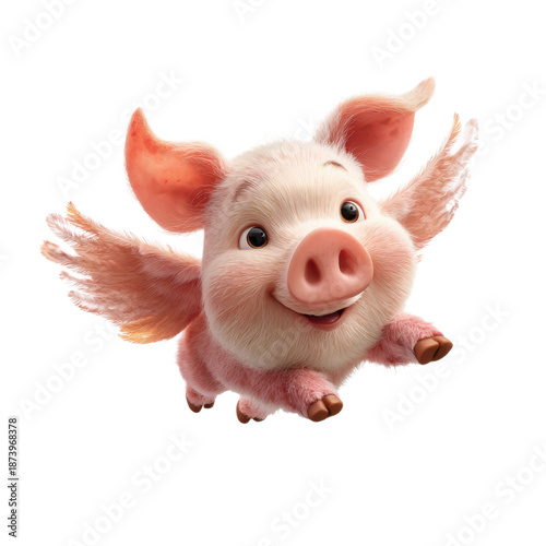 A cartoon pig with wings flying happily