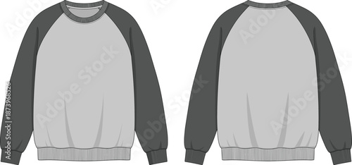 Long sleeve raglan sweatshirt mockup set featuring front and back views in grey and charcoal tones for apparel design presentation