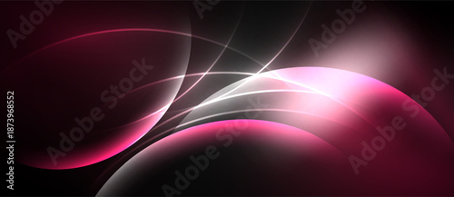 Abstract design features flowing curves, vibrant pinks, soft whites against dark background. Dynamic composition creates modern feel.