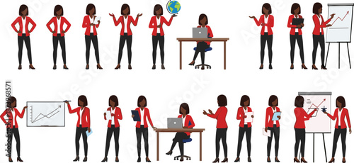 Businesswoman in red blazer presenting data, reading documents, working on laptop, showing global teamwork and corporate professionalism
