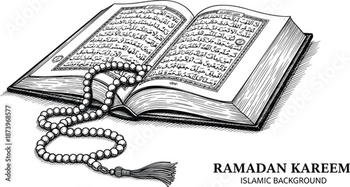 Detailed vector line art sketch of an open Holy Quran with Arabic calligraphy and tasbih prayer beads illustration.