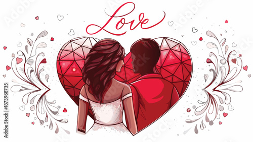 Romantic couple embracing in heart with love text and floral designs