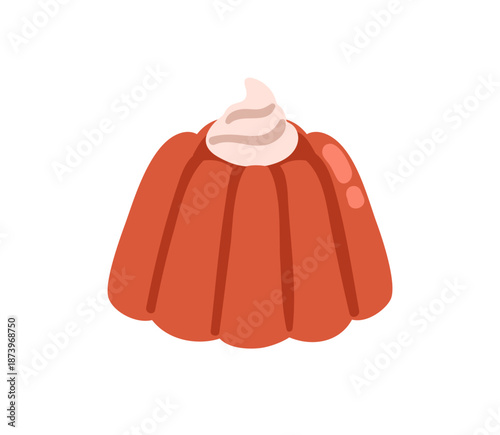 Jelly dessert with whipped cream topping. Sweet molded gelatin treat. Fruit juicy snack, cold cool food. Fruity jello cake. Flat vector illustration isolated on white background