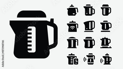 Electric kettles and kitchen appliance icons set