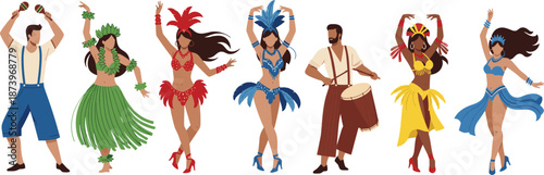 Colorful carnival dancers illustration, celebrating samba music festival culture Brazil vector people costume rhythm energy dance art party joy motion