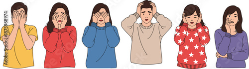 Emotional stress, anxiety, mental health crisis, overwhelmed people, psychological distress, depression symptoms, expressive gestures, emotional discomfort, trauma