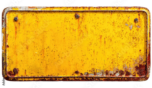 Weathered, rectangular yellow metal plaque with rust, screw heads, and worn paint