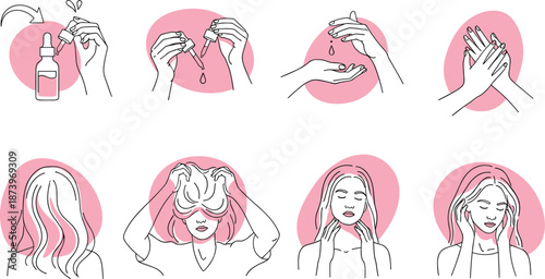 Skincare routine illustration showing serum application facial massage self care beauty steps minimal line art wellness concept for modern women