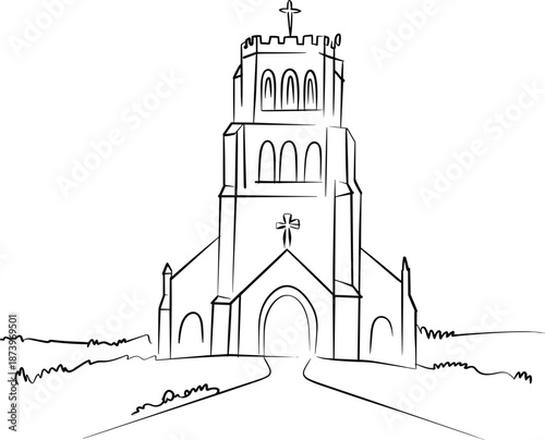 Church, line, art, illustration, architecture, building, religious, landmark, outline, black, white, cathedral, faith, christian, worship, sketch, minimal, isolated, vector, design