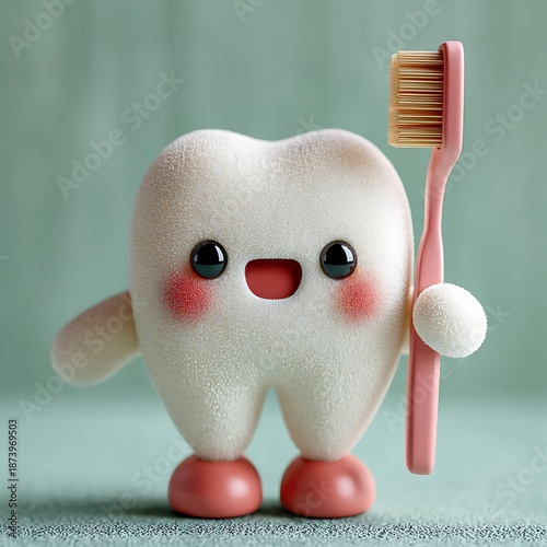 Cute Cartoon Tooth Character Holding a Pink Toothbrush image photo
