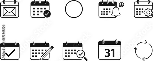 Calendar icon set with schedule organizer reminder notification check mark and appointment planning symbols for business management and productivity