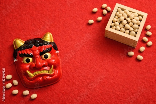 節分の赤鬼のお面と福豆のシンプル背景/Red Oni Mask and Soybeans for Setsubun Background