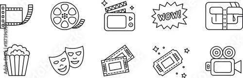 Cinema entertainment line icons set, movie film video media elements illustration, popcorn camera tickets concept, outline vector design