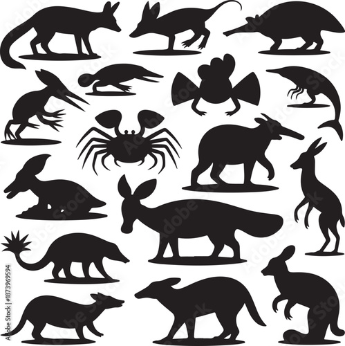 black silhouettes of various wild animals on white background