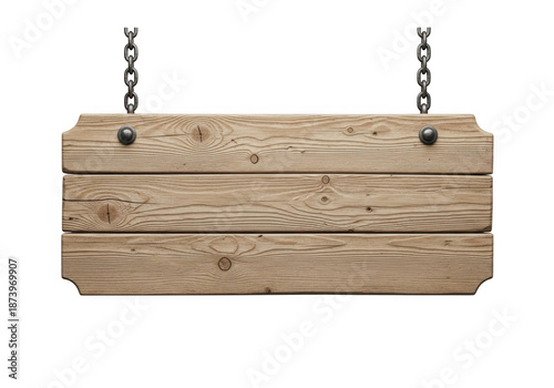 Rustic wooden sign with three horizontal planks suspended by metal chains against a dark background