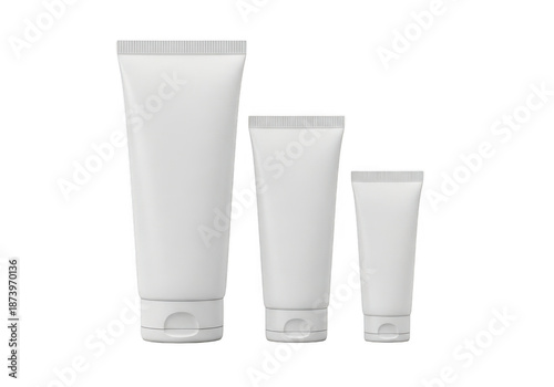 Three blank white cosmetic squeeze tubes of varying sizes arranged on a dark background