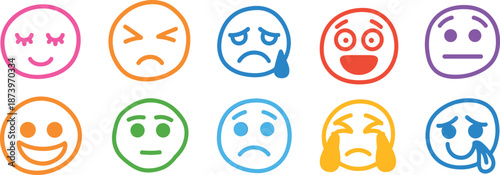Colorful emoji faces illustration set, expressing emotions and moods, happy sad crying smiling icons, modern flat vector design, social communication concept