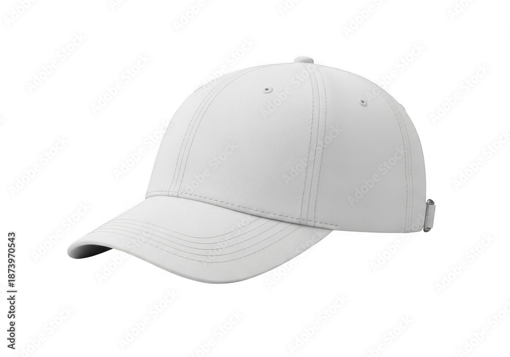 Fototapeta premium A plain white baseball cap displayed against a solid black background for design purposes