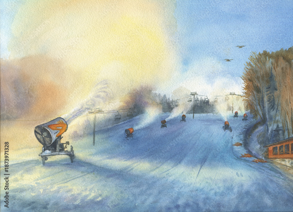 Fototapeta premium Snow cannons creating artificial snow on a ski slope in a park in the village of Baltow, Poland. Watercolor hand drawn painting illustration.