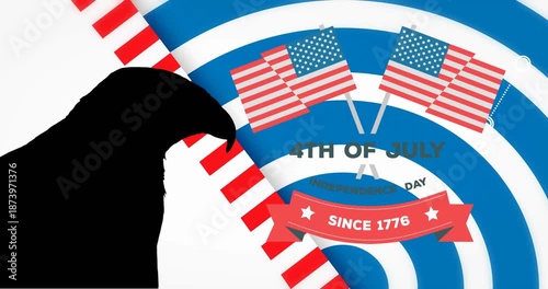 Animation of eagle shape, flags of usa and 4th of july over background in usa flag colours
