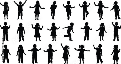 Black silhouettes of children in varied poses for themes of motion, gesture, activity, and educational or design reference.