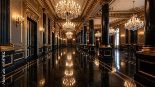 Luxurious interior of an opulent hallway with chandeliers and marble floor