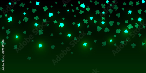 Casino pattern. Green falling glowing playing cards on black background. Sparkling hearts, clubs, diamonds and spades on dark. Online casino concept. Luxury vector illustration.