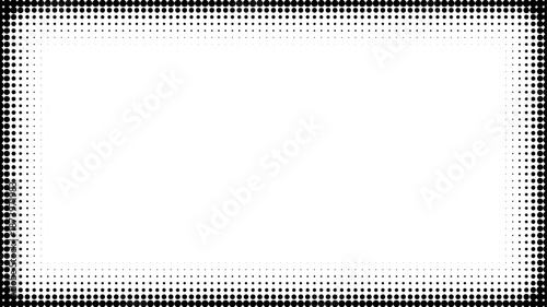 Halftone vignette rectangular frame with pixelated dot border fading to white center. Retro digital gradient background with vintage comic effect. Abstract monochrome vector illustration.
