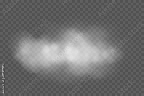 White cloud. Smoke shape on transparent background. Realistic fog texture with soft edges and natural diffusion. Atmospheric weather element. Realistic vector illustration.