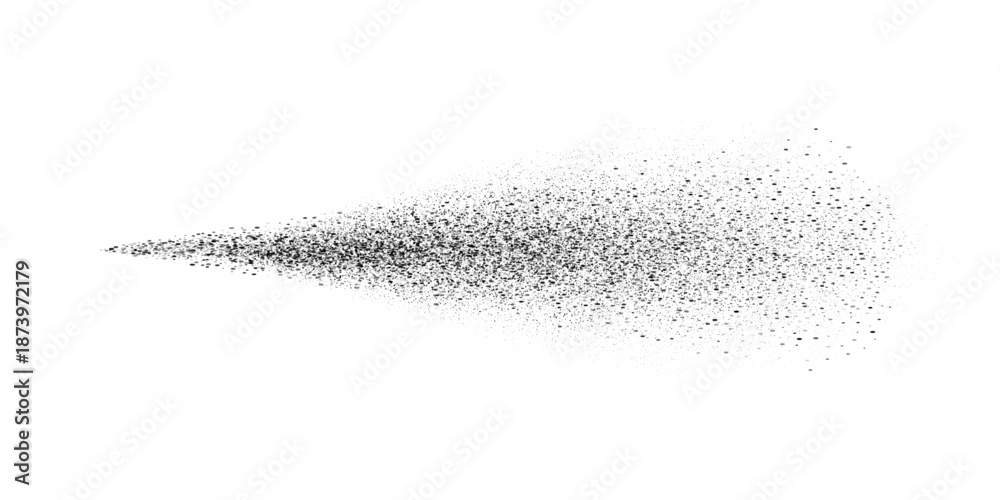 Fototapeta premium Spray splatter texture background. Black droplets spreading outward into dispersed dots on white backdrop. Dynamic dispersion effect of aerosol flow. Minimal vector illustration with monochrome style.