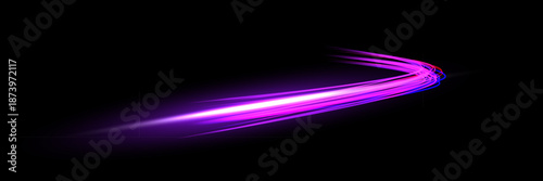 Light speed curve trail. Dynamic curved streaks of glowing purple light on dark background create fast motion effect. Smooth bright lines form energetic shape. Abstract vibrant vector illustration.