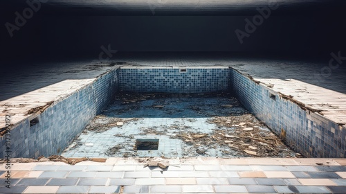 An empty and abandoned swimming pool with cracked tiles and debris exposed revealing its neglected state