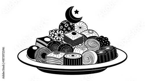 Black and white illustration of assorted desserts on a plate with moon and star decoration for ramadan or eid celebration with sweets and graphic