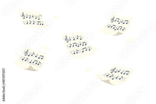 Music sheets drift over a sky backdrop, their notes visible on the airborne pages, creating a dreamlike scene of paper and clouds