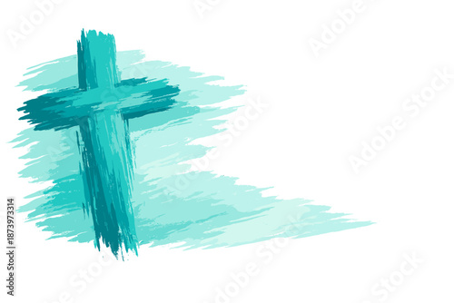 A teal‑toned cross painting with a rough, hand‑painted effect, featuring a background with ample copy space, ready for scripture, worship lyrics, or quotes