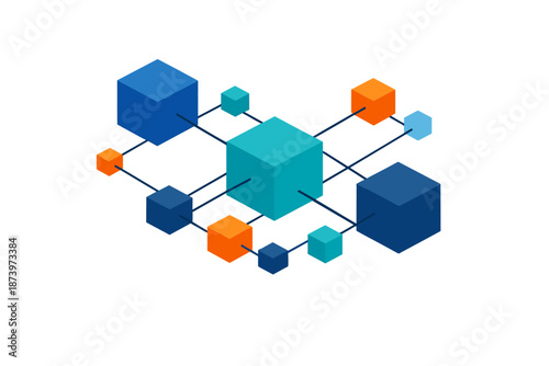 Diagonal lines connect a variety of cubes in varying sizes and hues, creating a striking abstract pattern against a light background