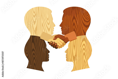 Idea of racial equality, anti‑racism, diversity, ending racism, humanity, varied wood textures, silhouette, multiculturalism, cultural diversity, wooden facial shape, cooperation, collaboration