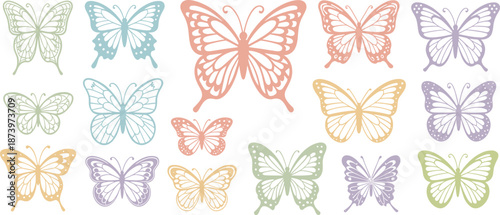 Pastel butterfly collection with ornate filigree wing patterns, decorative summer insect set for nursery wall art, stickers and whimsical design
