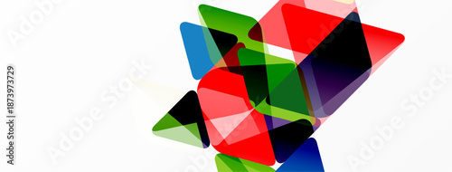 Abstract geometric shapes overlap, creating vibrant color composition. Red, green, blue tones dominate white background. Modern design.