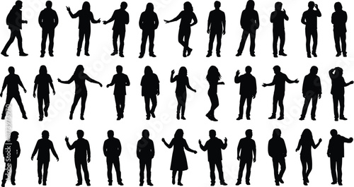 Collection of black human silhouettes in walking and standing poses for animation, design reference, posture study, and visual art composition.