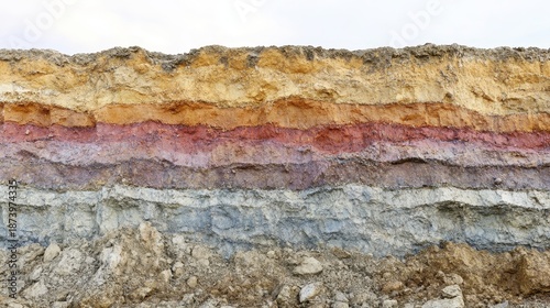 Colorful stacked layers of compressed earth showcasing distinct geological strata