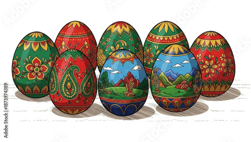 Vibrant easter eggs with intricate floral and paisley designs on a white background with colorful eggs and floral patterns and holiday decoration