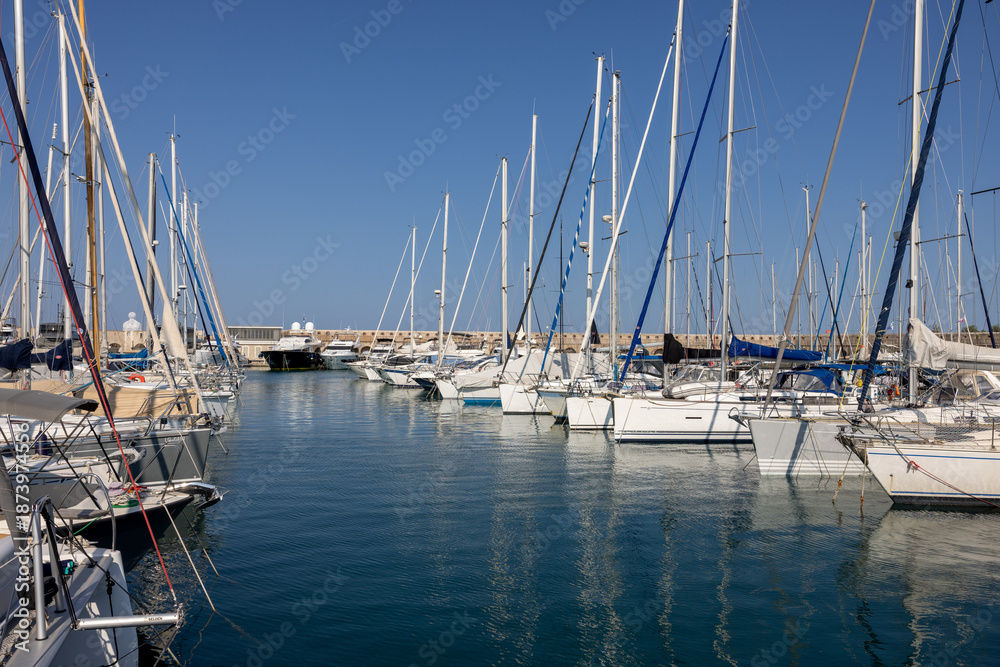 Obraz premium Luxury yachts and motorboats moored at port Vauban in Antibes, French Riviera, France